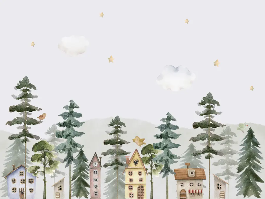 fototapet Pădure de pini cu păsări și case drăguțe, culori verde și bej u98989