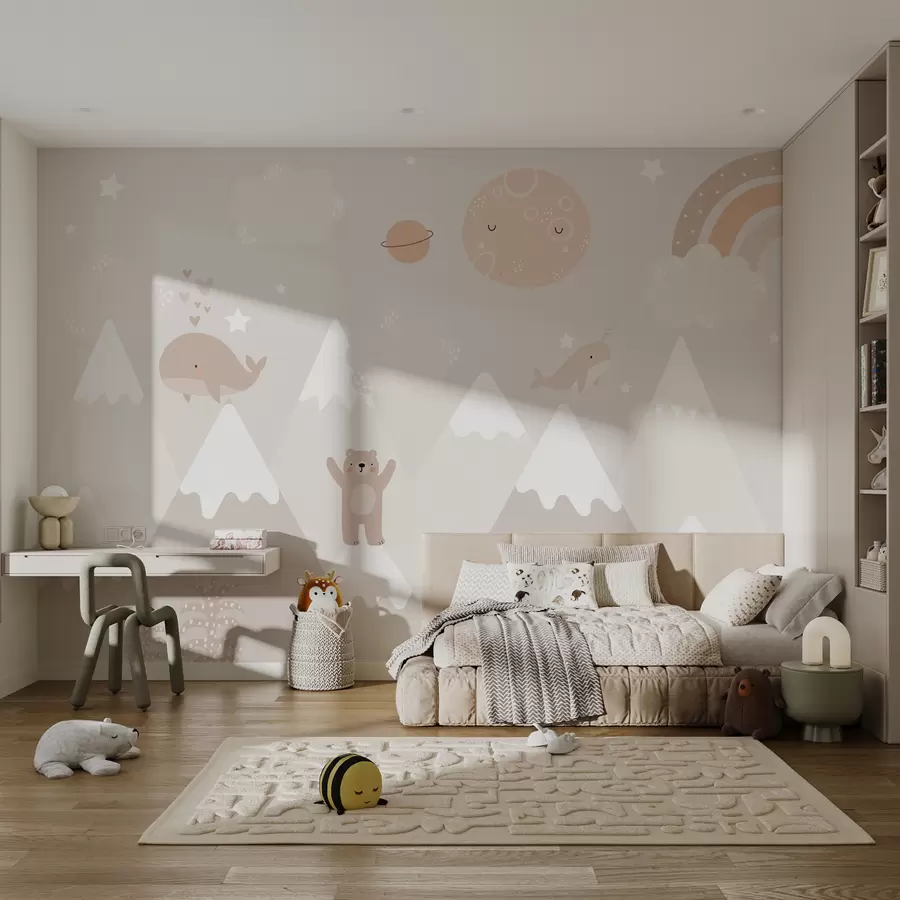 fototapet Munți cu animale drăguțe, nori și planete, culori bej u99206