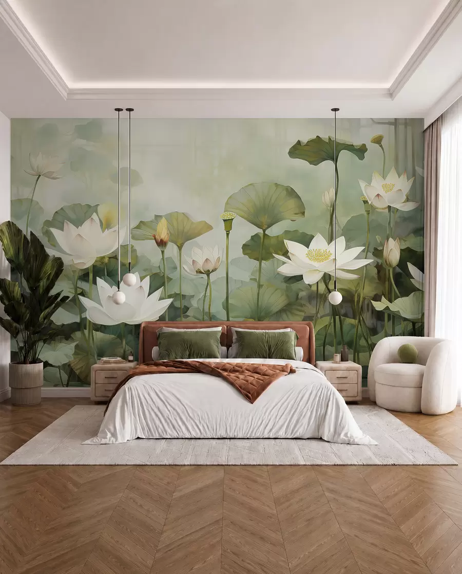 fototapet Flori de lotus în lac, junglă, artă tropicală, verdeață u99454d1