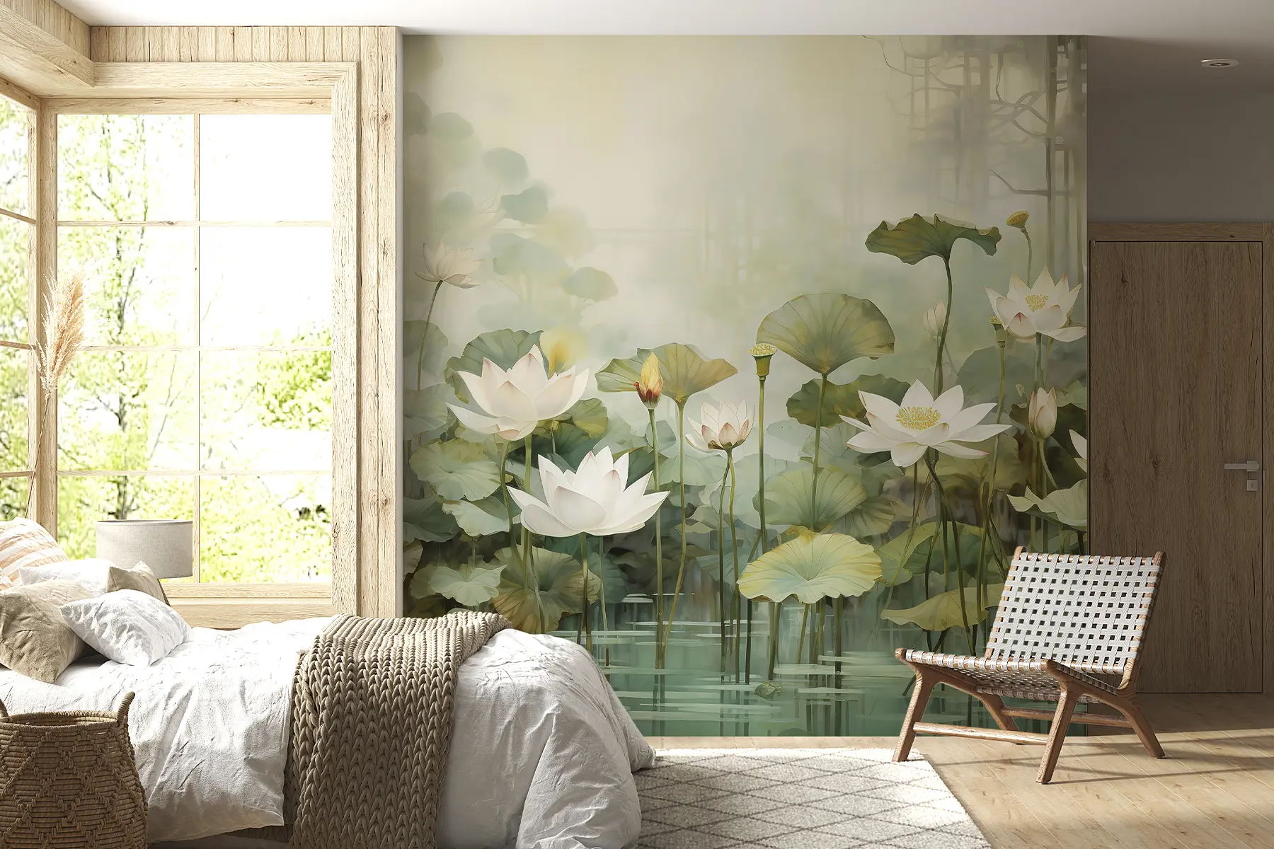 fototapet Flori de lotus în lac, junglă, artă tropicală, verdeață u99454d1