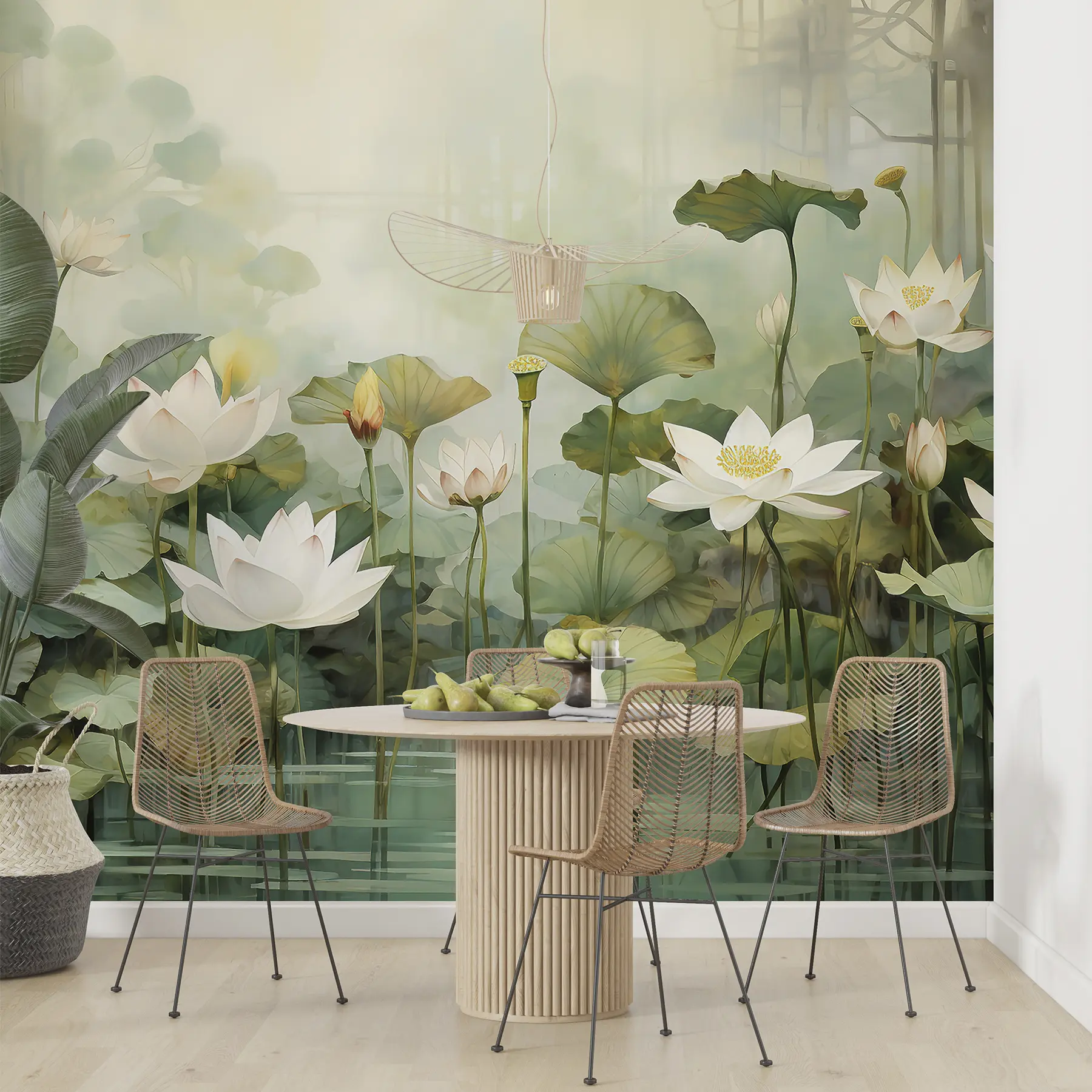 fototapet Flori de lotus în lac, junglă, artă tropicală, verdeață u99454d1