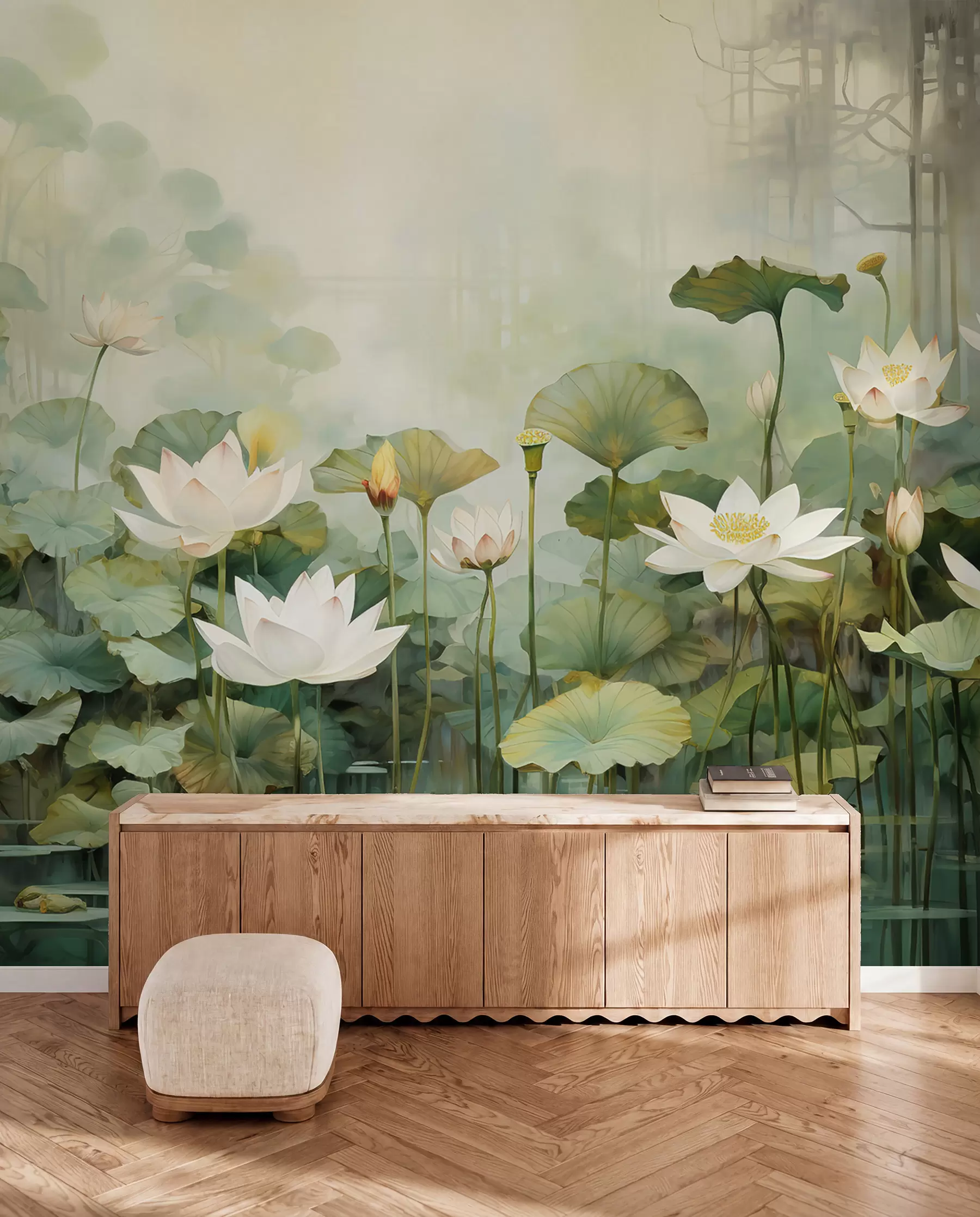 fototapet Flori de lotus în lac, junglă, artă tropicală, verdeață u99454