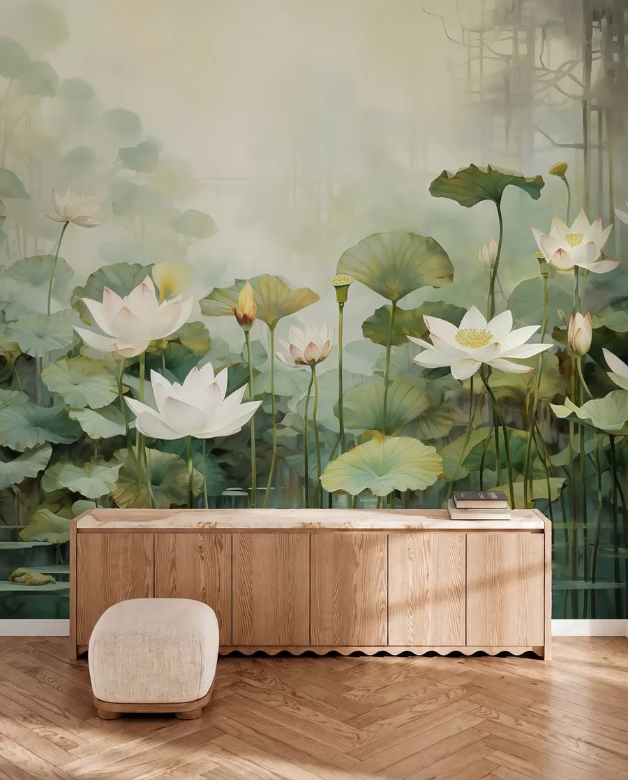 fototapet Flori de lotus în lac, junglă, artă tropicală, verdeață u99454