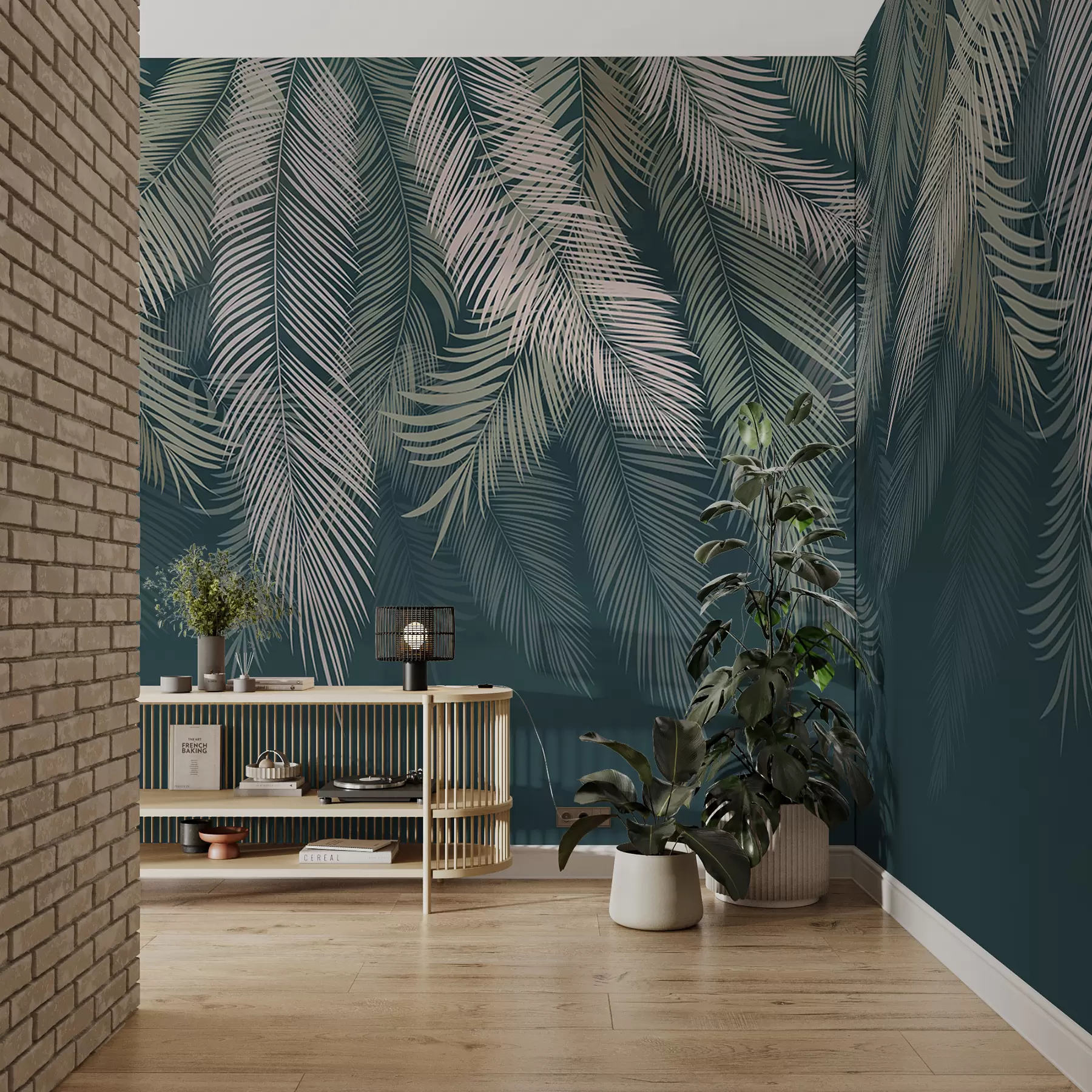 fototapet Frunze de palmier pe un fundal verde închis u48556v2d2